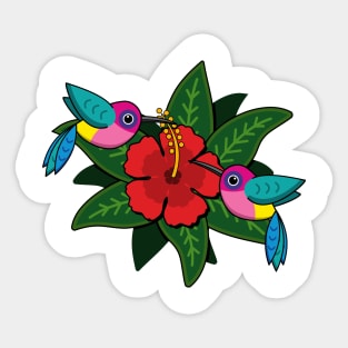 Cute Hummingbirds on Hibiscus Flower Cartoon - White Sticker